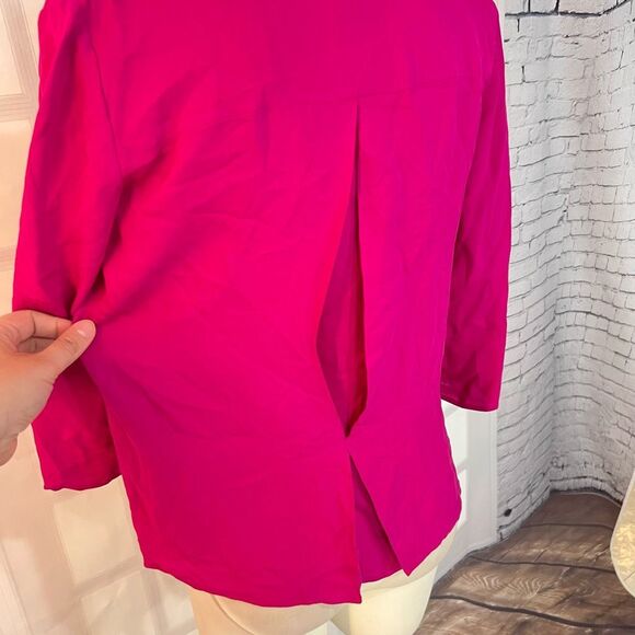 Theory 3/4 sleeve fuchsia hot pink silk zipper neckline blouse size petite - Picture 9 of 14